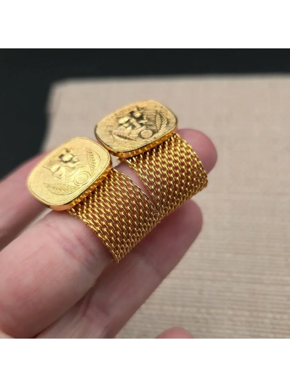 Vintage Mesh Wrap Cufflinks, Janus Two Faced Comedy Tragedy Theater Gift A8137